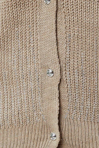 Lugmo Kadın Triko Hırka Taşlı Standart Beden Vizon - Resim 7