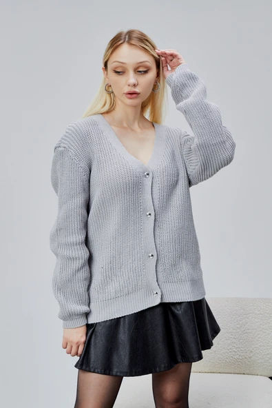 Lugmo Kadın Triko Hırka Taşlı Standart Beden Gri - Resim 4