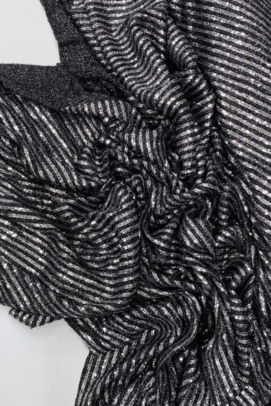 LitaeTrend Sakallı Çizgili Pullu Kumaş  Pullu Payet Kumaş Abiye Nişan Düğün Siyah ürün görseli