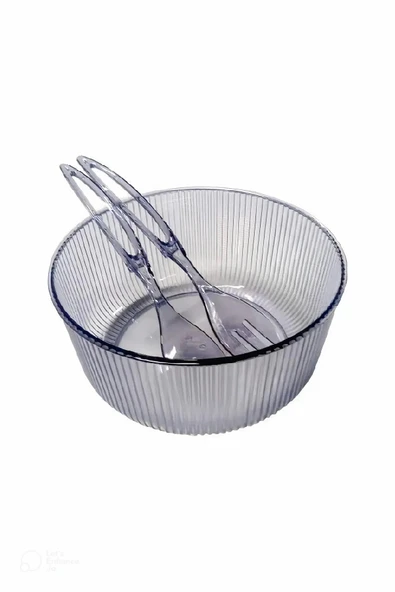 LitaeTrend Akrilik, Yuvarlak, Servis Kaşığı ve Çatallı Salata Kasesi Servis Sunum Tabağı 23 cm - Resim 2