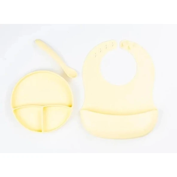 Sarı 3’lü Silikon Yemek Seti – Önlük + Diş Kaşıyıcılı Kaşık + Vakumlu Tabak ürün görseli