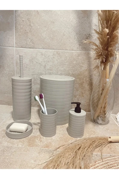 LitaeTrend Banyo Seti 5'li Krem Çöp Kovası Wc Fırçalık Sıvı Sabunluk Katı Sabunluk - 1