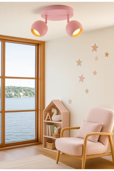 Pembe Bebek Çocuk Odası İkili Metal Küre LED Tavan Avize GU10 Tasarruflu Hareketli Başlık - Resim 2