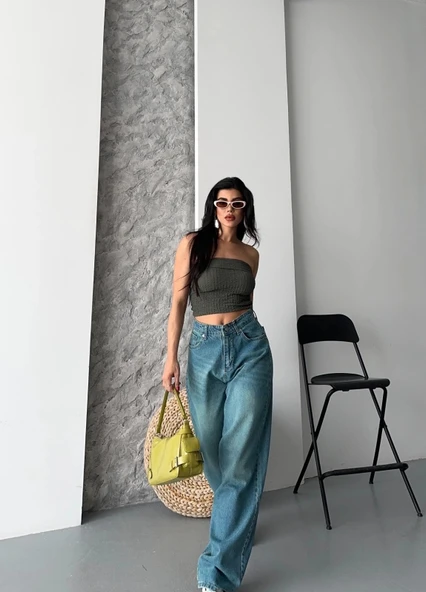 Baggy taş enzim bıyık yıkama jeans pantolon yeşil tint d2007 - Resim 2