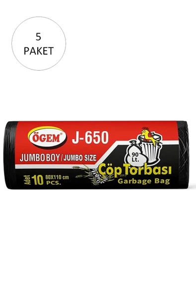 LitaeTrend J-650 Jumbo Boy Çöp Torbası 80 x 110 cm 10 Lu Rulo x 5 Paket = 50 Adet (Siyah) - 1