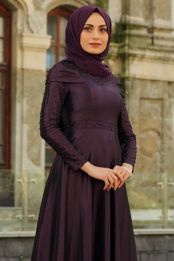 İncili Mor Tesettür Abiye Elbise - 2
