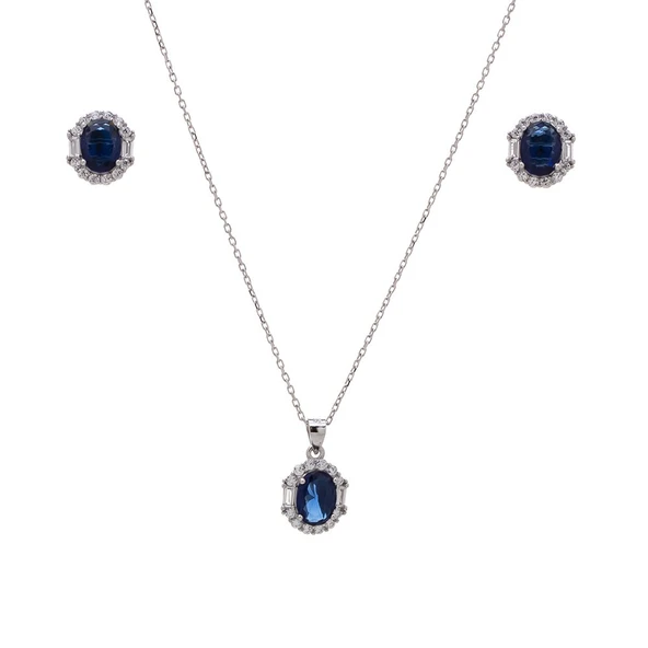 5-8 mm Lacivert Oval Zirkon Taşlı 925 Ayar Gümüş Kadın 2'li Set ürün görseli 1