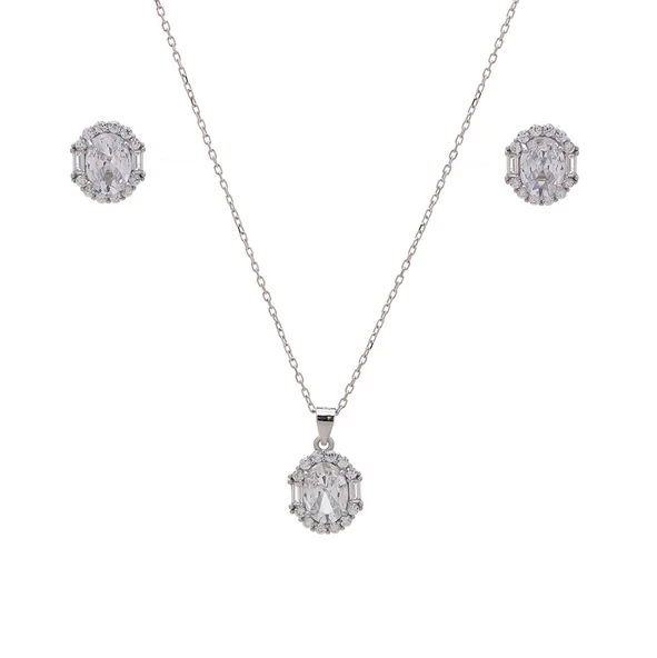 5-8 mm Oval Zirkon Taşlı 925 Ayar Gümüş Kadın 2'li Set ürün görseli 1