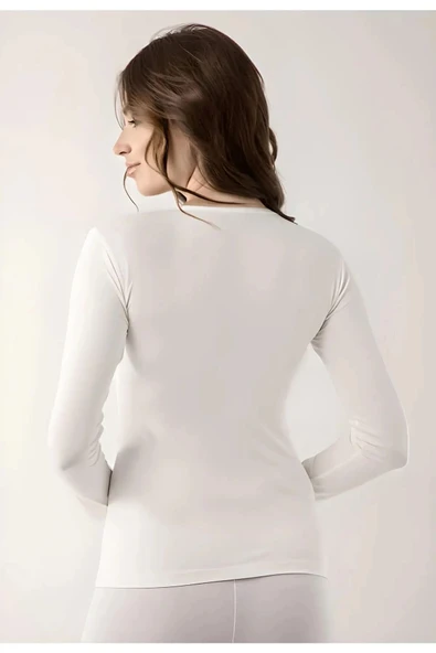 LitaeTrend Vivaldi Kadın Beyaz Uzun Kol Bisiklet Yaka Body Likralı 352 - Resim 2