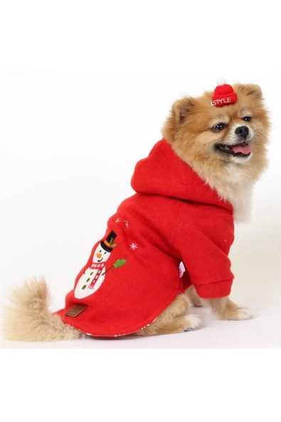 MAXSTYLESPET Kardan Adam Nakışlı Astarlı Kırmızı Pet Ceket Kedi Köpek Kıyafeti ürün görseli