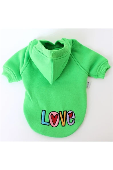 MAXSTYLESPET Love Nakışlı Kapşonlu Pet Sweatshirt Yeşil Köpek Kedi Hoodie - Resim 3