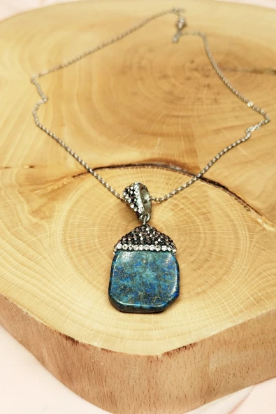 LitaeTrend Lapis Doğal Taşı Zincirli El Yapımı Kolye Uç: 3 cm Zincir: 20 cm Kutulu - Resim 7