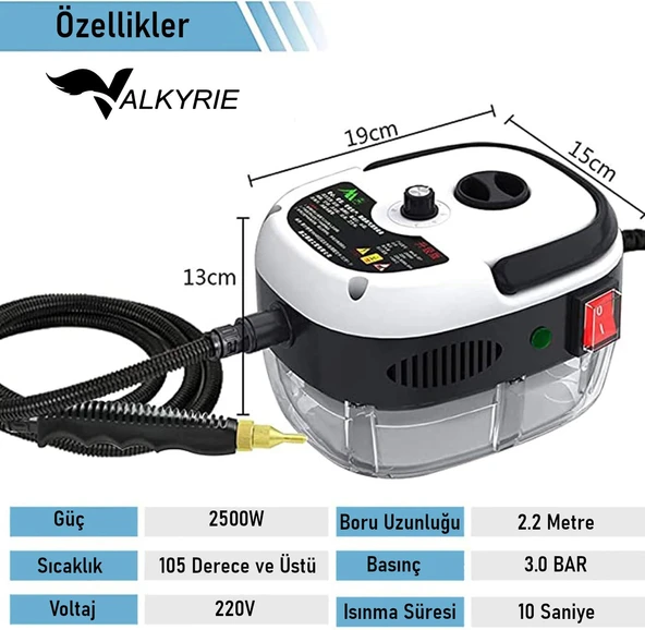 Valkyrie 2500W Yüksek Basınçlı Buharlı Temizleyici 115°C 3 Başlık Ayarlanabilir Güç Derin Temizlik Makinesi - 5
