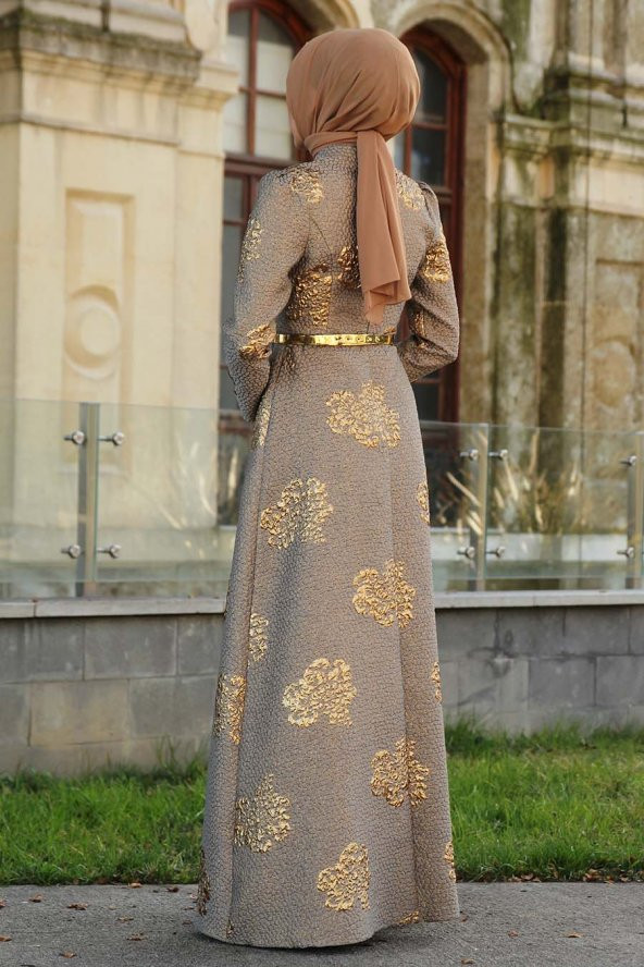 Brokar Kumaş Tesettür Abiye Elbise - Vizon - 3