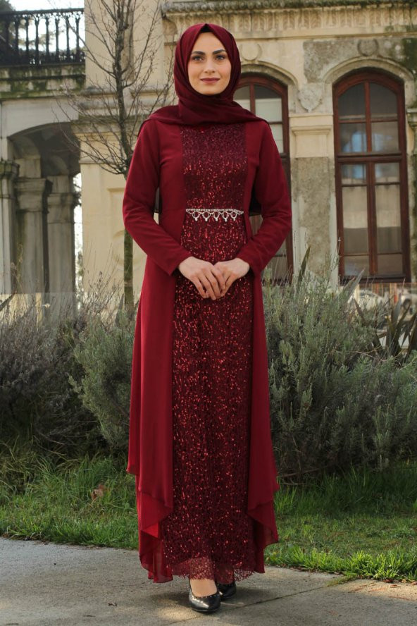 Payet Detaylı Tesettür Abiye Elbise - Bordo