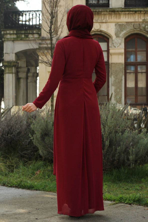 Payet Detaylı Tesettür Abiye Elbise - Bordo - 4