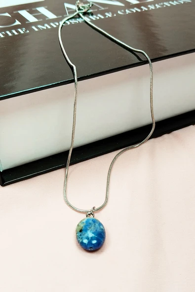 LitaeTrend Sodalit Doğal Taşı Zincirli El Yapımı Kolye Uç: 1,5 cm Zincir: 20 cm Kutulu - Resim 2