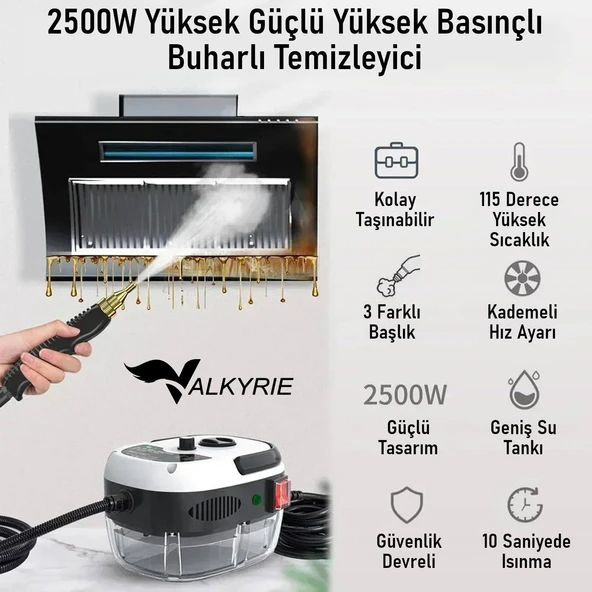 Valkyrie 2500W Yüksek Basınçlı Buharlı Temizleyici 115°C 3 Başlık Ayarlanabilir Güç Derin Temizlik Makinesi - 4