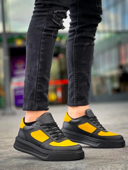 KB-X8 Kuback Siyah Sarı Cilt Yüksek Taban Günlük Spor Ayakkabı - Resim 3