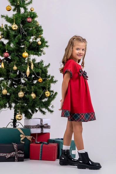 Kız Çocuk Ekoseli Düz Fiyonklu ( 2-6 ) Yaş Noal Elbise - 4