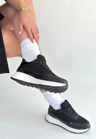 Edva Siyah Cilt Bağcıklı Spor Ayakkabı - Resim 2