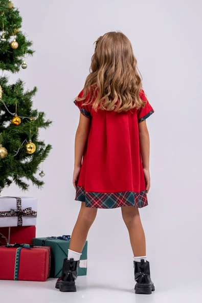 Kız Çocuk Ekoseli Düz Fiyonklu ( 2-6 ) Yaş Noal Elbise - 5