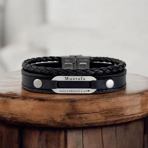 İsme Özel Aşk Temalı Oval Motifli Hakiki Siyah Derili 925 Ayar Gümüş Plakalı Hediye Bileklik-420 ürün görseli