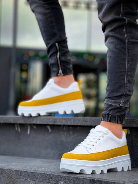 KB-056 Kuback Beyaz Sarı Detaylı Beyaz Yüksek Taban Günlük Spor Ayakkabı - Resim 7