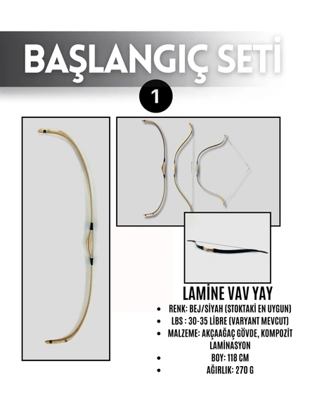 Geleneksel Okçuluk Lamine 'Vav' Set- Vav Yay + 7 Ok + Zihgir + Tirkeş + Kolçak + Eldiven + Çanta - 2