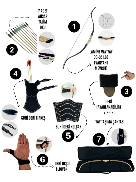 Geleneksel Okçuluk Lamine 'Vav' Set- Vav Yay + 7 Ok + Zihgir + Tirkeş + Kolçak + Eldiven + Çanta