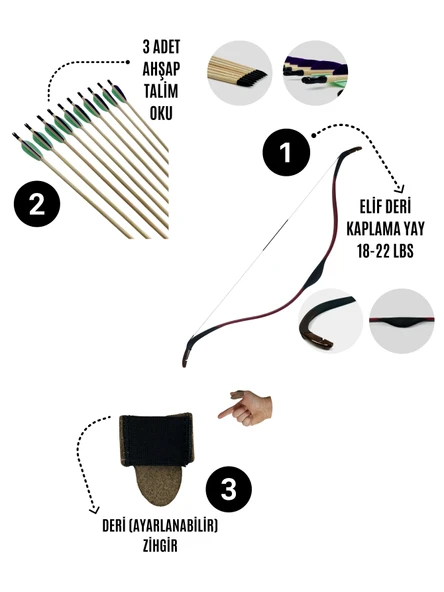 Geleneksel Okçuluk Başlangıç Seti - Elif Yay (Kaplamalı) + 3 Ok + Zihgir - 1