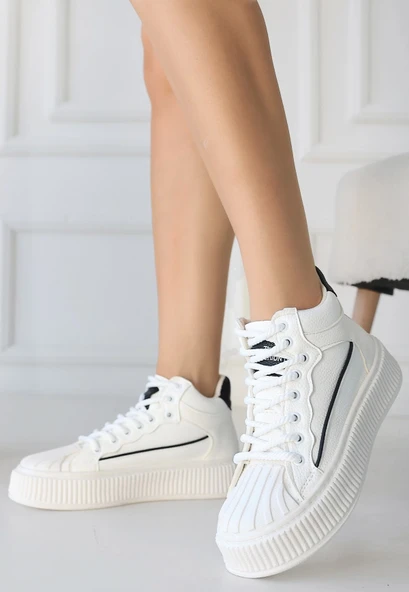 Estim Beyaz Cilt Siyah Detaylı Bağcıklı Spor Ayakkabı - Resim 10