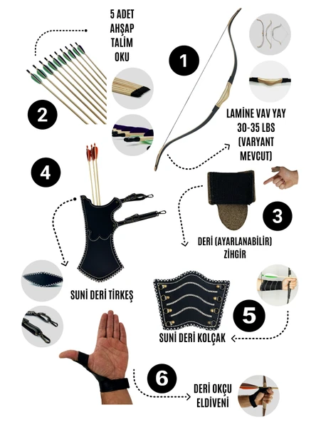 Geleneksel Okçuluk Lamine 'Vav' Set- Vav Yay + 5 Ok + Zihgir + Tirkeş + Kolçak + Eldiven - 1