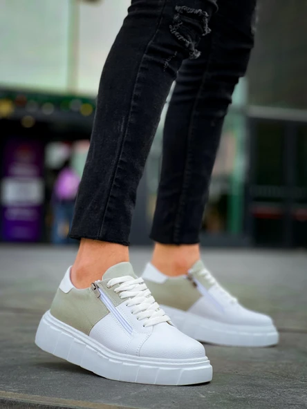 KB-X155 Kuback Beyaz Cilt Gri Süet Detaylı Beyaz Yüksek Taban Günlük Spor Ayakkabı - Resim 3