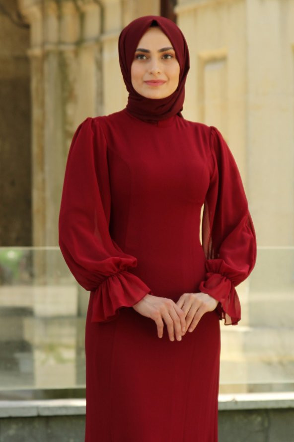 Balon Kol Tesettür Abiye Elbise - Bordo - 2