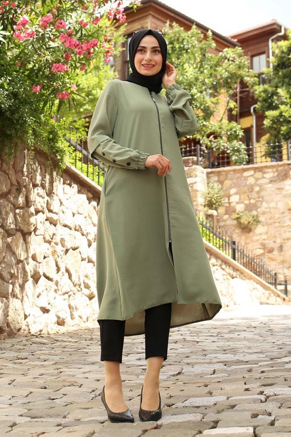 Fermuarlı Kolları Düğmeli Kap-Haki