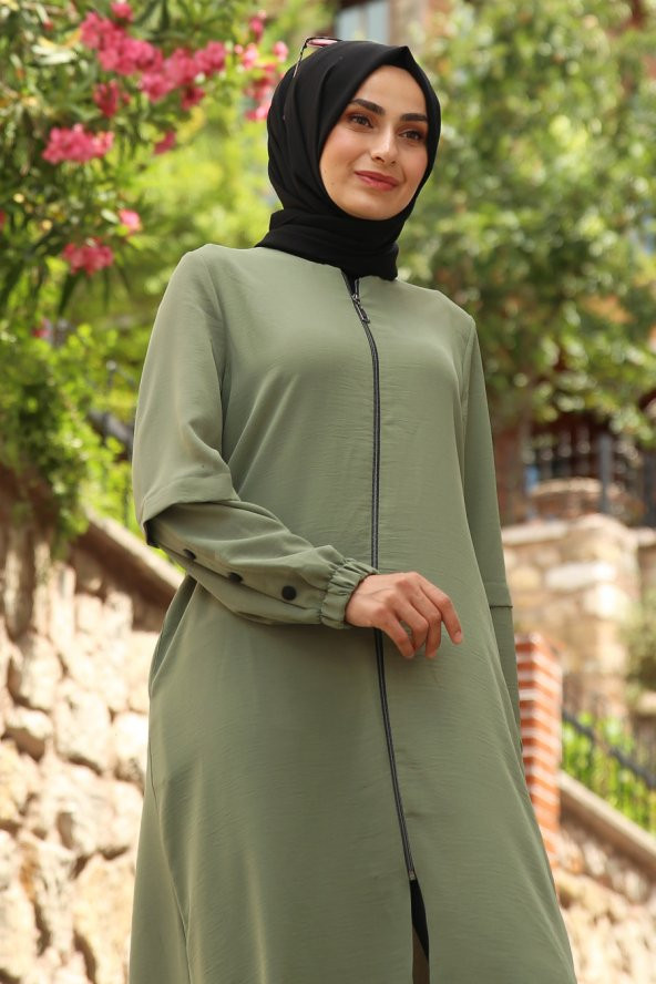Fermuarlı Kolları Düğmeli Kap-Haki - 2