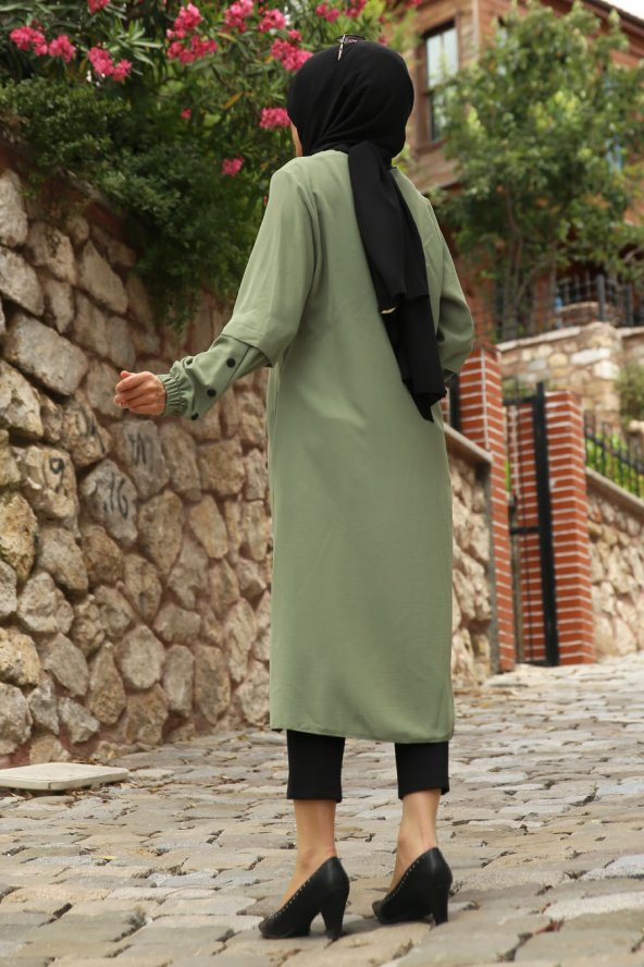 Fermuarlı Kolları Düğmeli Kap-Haki - 4