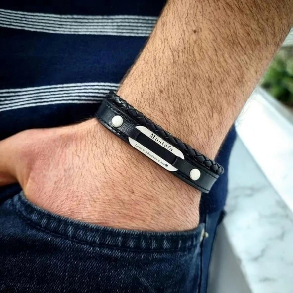 İsme Özel Aşk Temalı Oval Motifli Hakiki Siyah Derili 925 Ayar Gümüş Plakalı Hediye Bileklik-420 - Resim 2