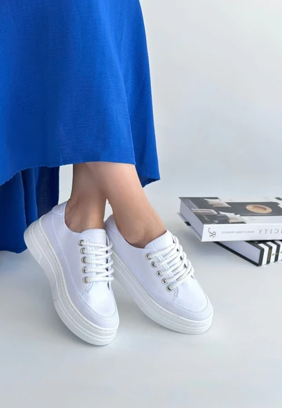 Carin Beyaz Keten Bağcıklı Spor Ayakkabı - Resim 5