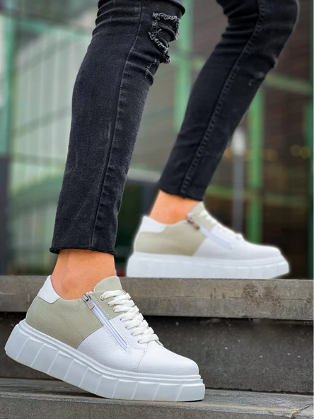 KB-X155 Kuback Beyaz Cilt Gri Süet Detaylı Beyaz Yüksek Taban Günlük Spor Ayakkabı - Resim 2