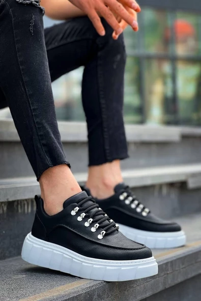 KB-X10 Kuback Siyah Cilt Beyaz Yüksek Taban Günlük Spor Ayakkabı - Resim 3