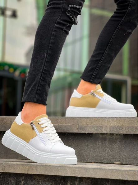 KB-X155 Kuback Beyaz Cilt Bej Süet Detaylı Beyaz Yüksek Taban Günlük Spor Ayakkabı - Resim 6