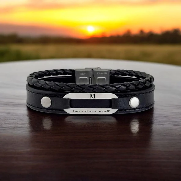Harfe Özel 925 Ayar Gümüş Plakalı Aşk Temalı Oval Motifli Hakiki Siyah Derili Hediye Bileklik-420 ürün görseli