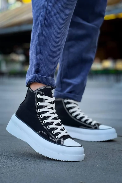 KB-CX-3 Kuback Uzun Siyah Keten Beyaz Yüksek Taban Spor Ayakkabı - Resim 14