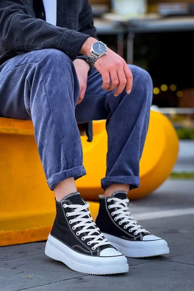 KB-CX-3 Kuback Uzun Siyah Keten Beyaz Yüksek Taban Spor Ayakkabı - Resim 6