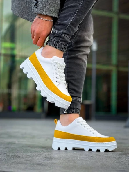 KB-056 Kuback Beyaz Sarı Detaylı Beyaz Yüksek Taban Günlük Spor Ayakkabı - Resim 6