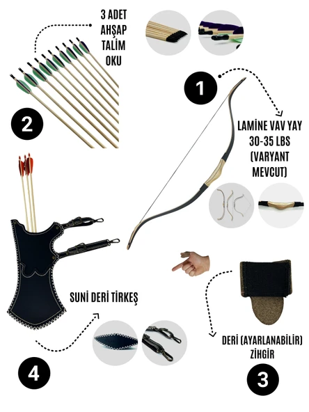 Geleneksel Okçuluk Lamine 'Vav' Set- Vav Yay + 3 Ok + Zihgir + Tirkeş - 1