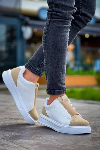 KB-007 Kuback Beyaz Bej Yüksek Taban Tek Bant Bağcıksız Günlük Erkek Ayakkabı - Resim 7