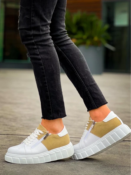 KB-X155 Kuback Beyaz Cilt Bej Süet Detaylı Beyaz Yüksek Taban Günlük Spor Ayakkabı - Resim 12